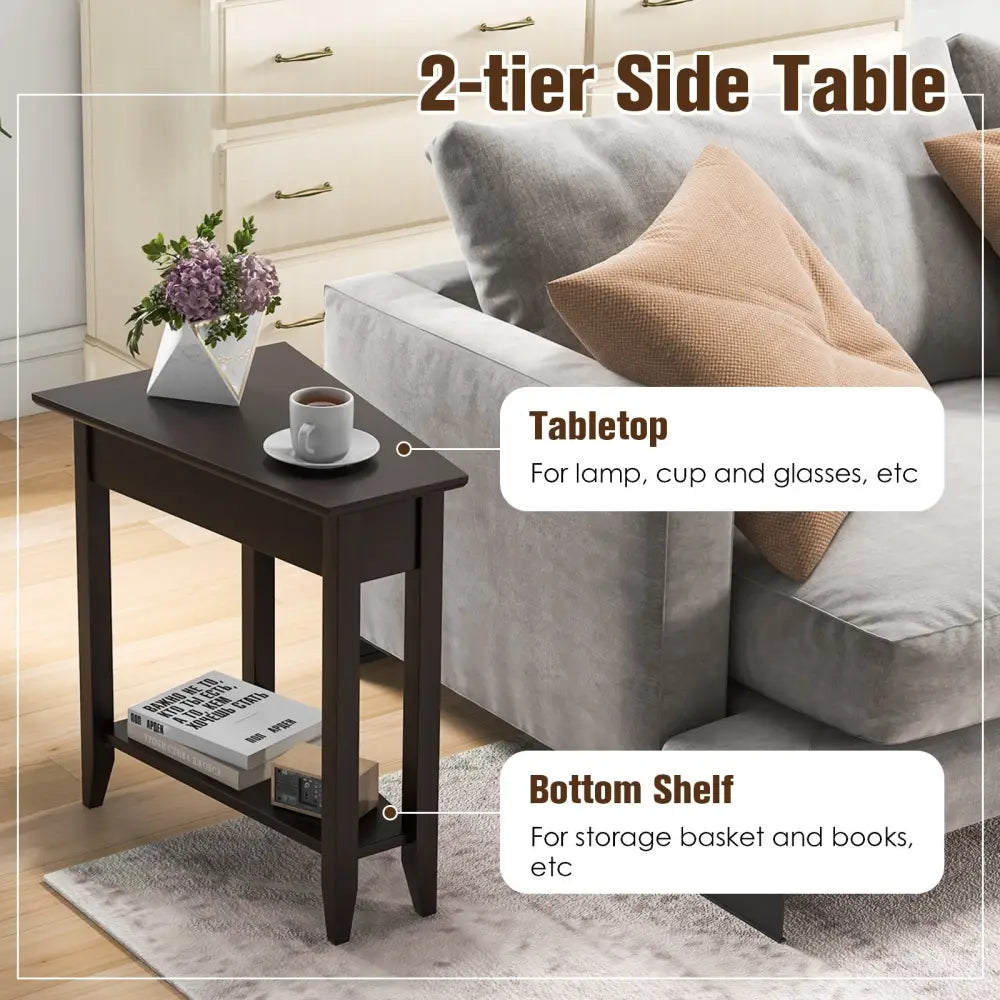 2-Tier Wedge Narrow End Table with Storage Shelf and Solid Wood Legs-Espresso Costway