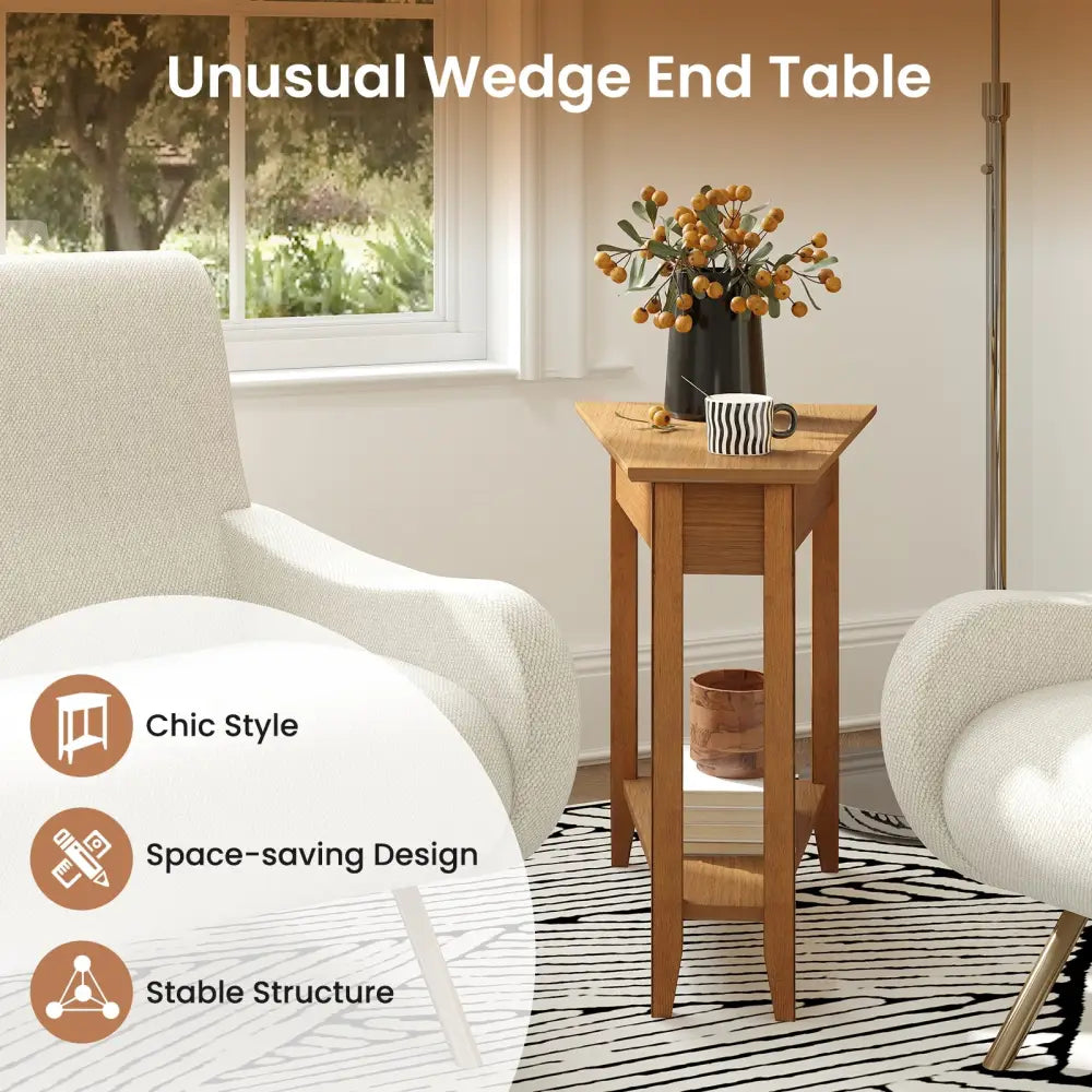 2-Tier Wedge Narrow End Table with Storage Shelf and Solid Wood Legs-Walnut - Walnut - End & Side Tables