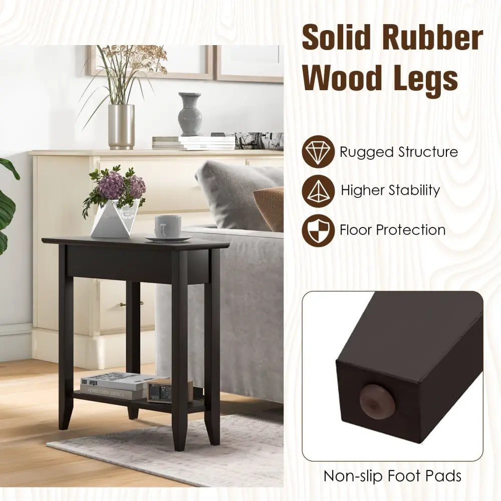 2-Tier Wedge Narrow End Table with Storage Shelf and Solid Wood Legs-Espresso Costway