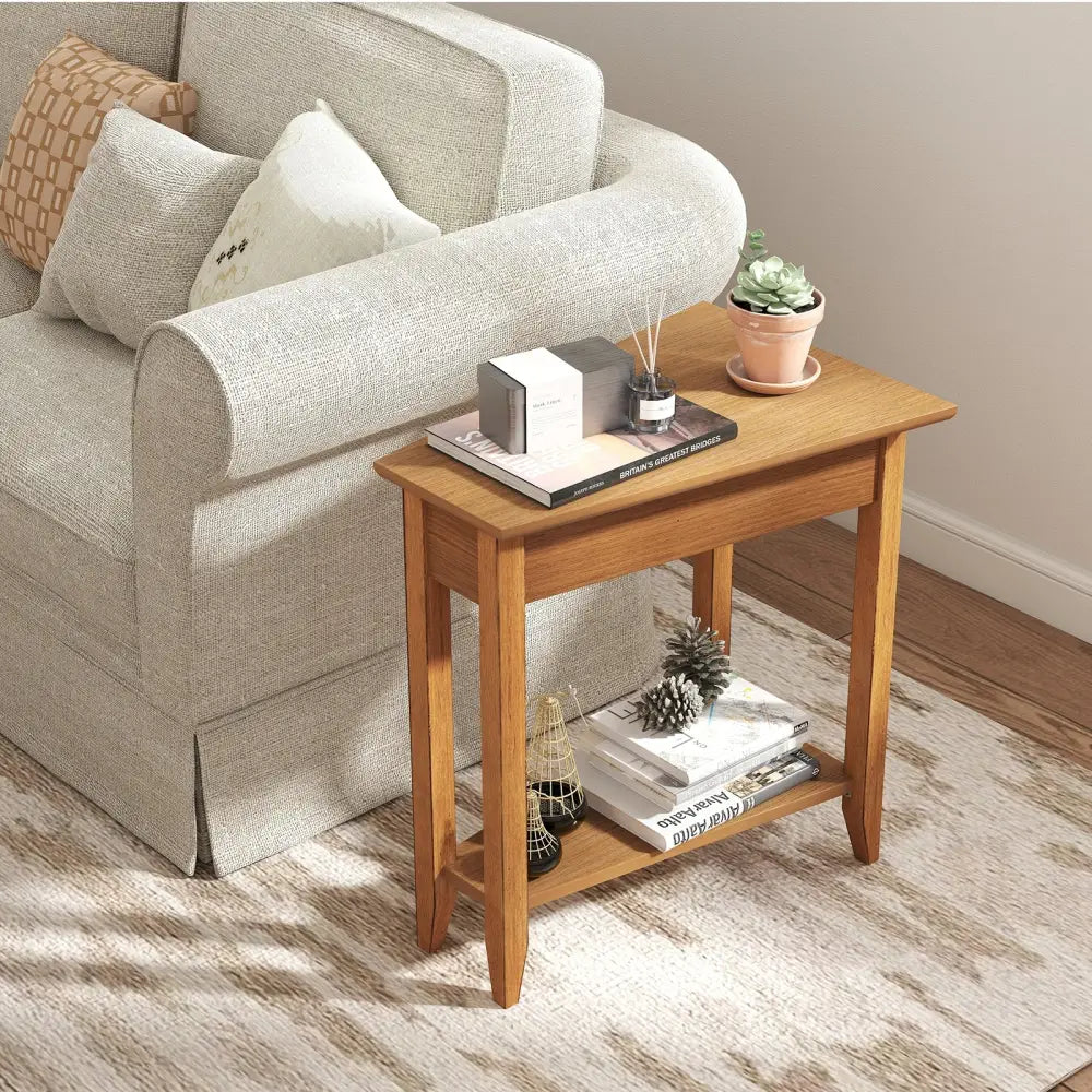 2-Tier Wedge Narrow End Table with Storage Shelf and Solid Wood Legs-Walnut - Walnut - End & Side Tables