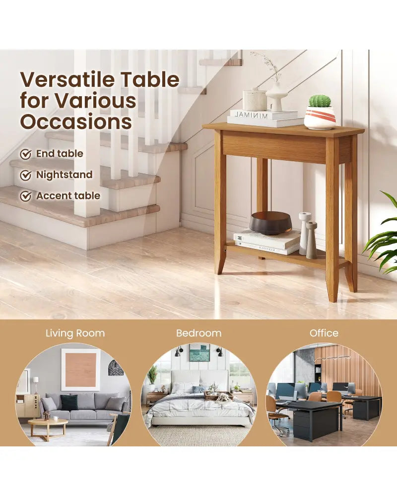 2-Tier Wedge Narrow End Table with Storage Shelf and Solid Wood Legs-Walnut - Walnut - End & Side Tables