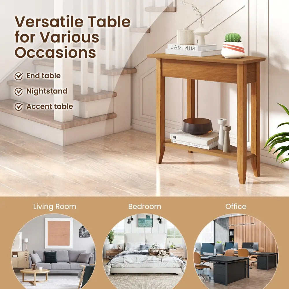 2-Tier Wedge Narrow End Table with Storage Shelf and Solid Wood Legs-Walnut - Walnut - End & Side Tables