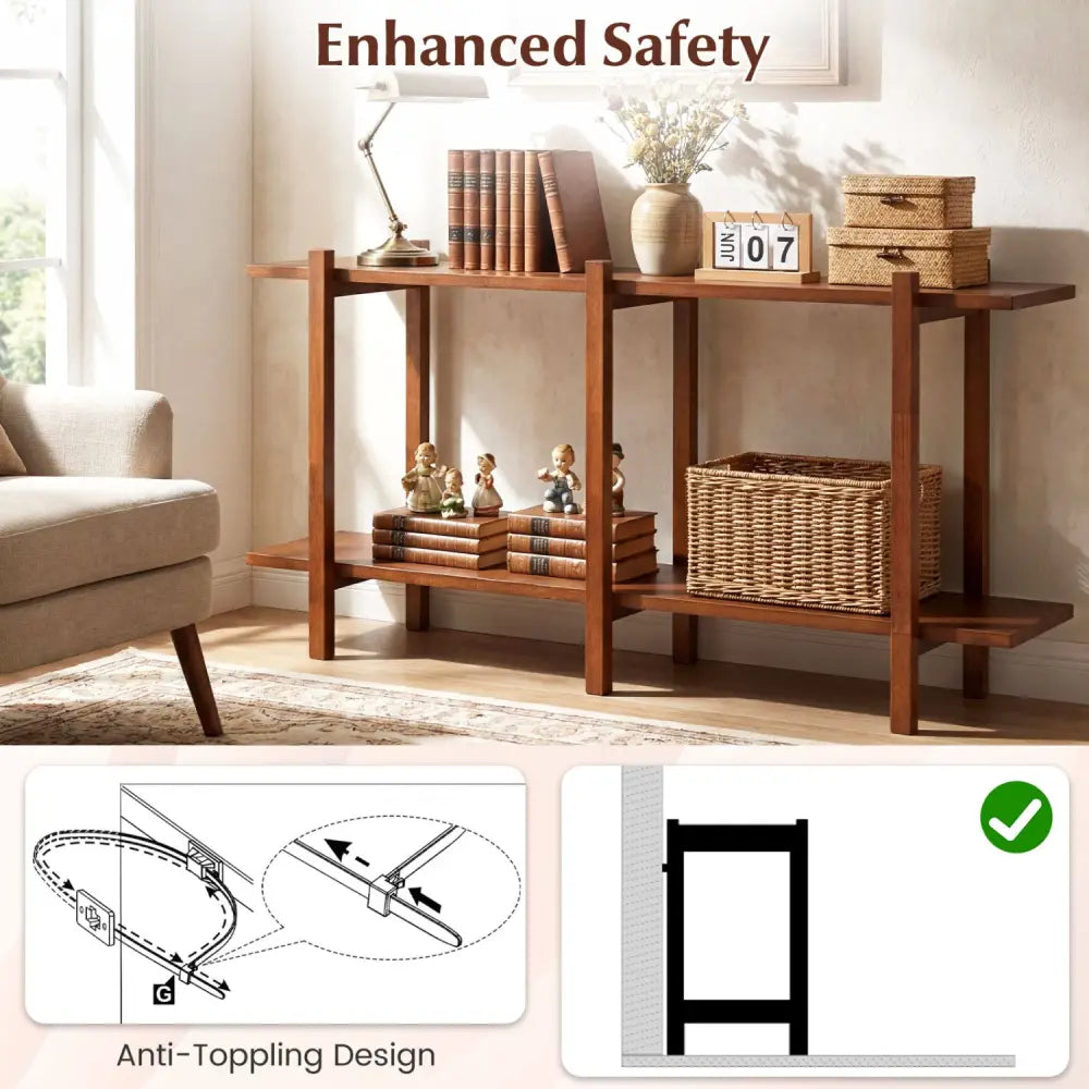 2-Tier Wood Bookshelf Low Horizontal Rubberwood Bookcase for Display-Walnut - Walnut - Bookcases