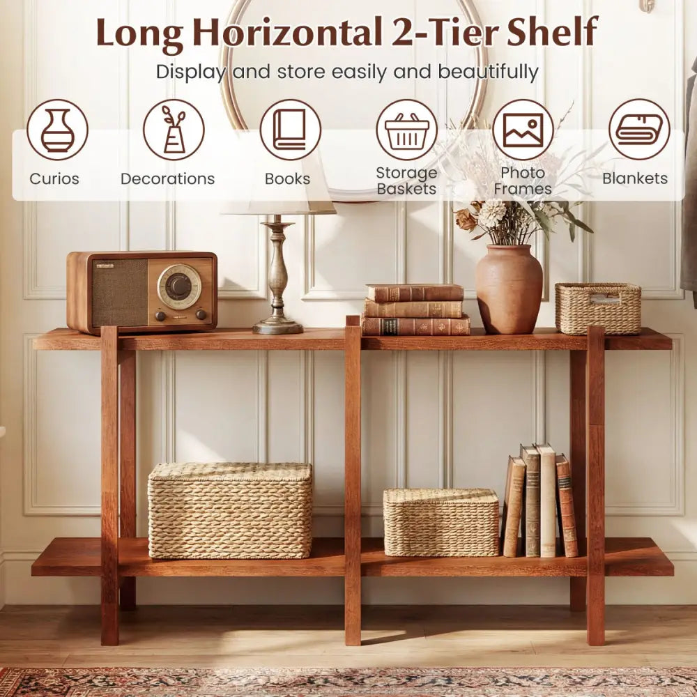 2-Tier Wood Bookshelf Low Horizontal Rubberwood Bookcase for Display-Walnut - Walnut - Bookcases