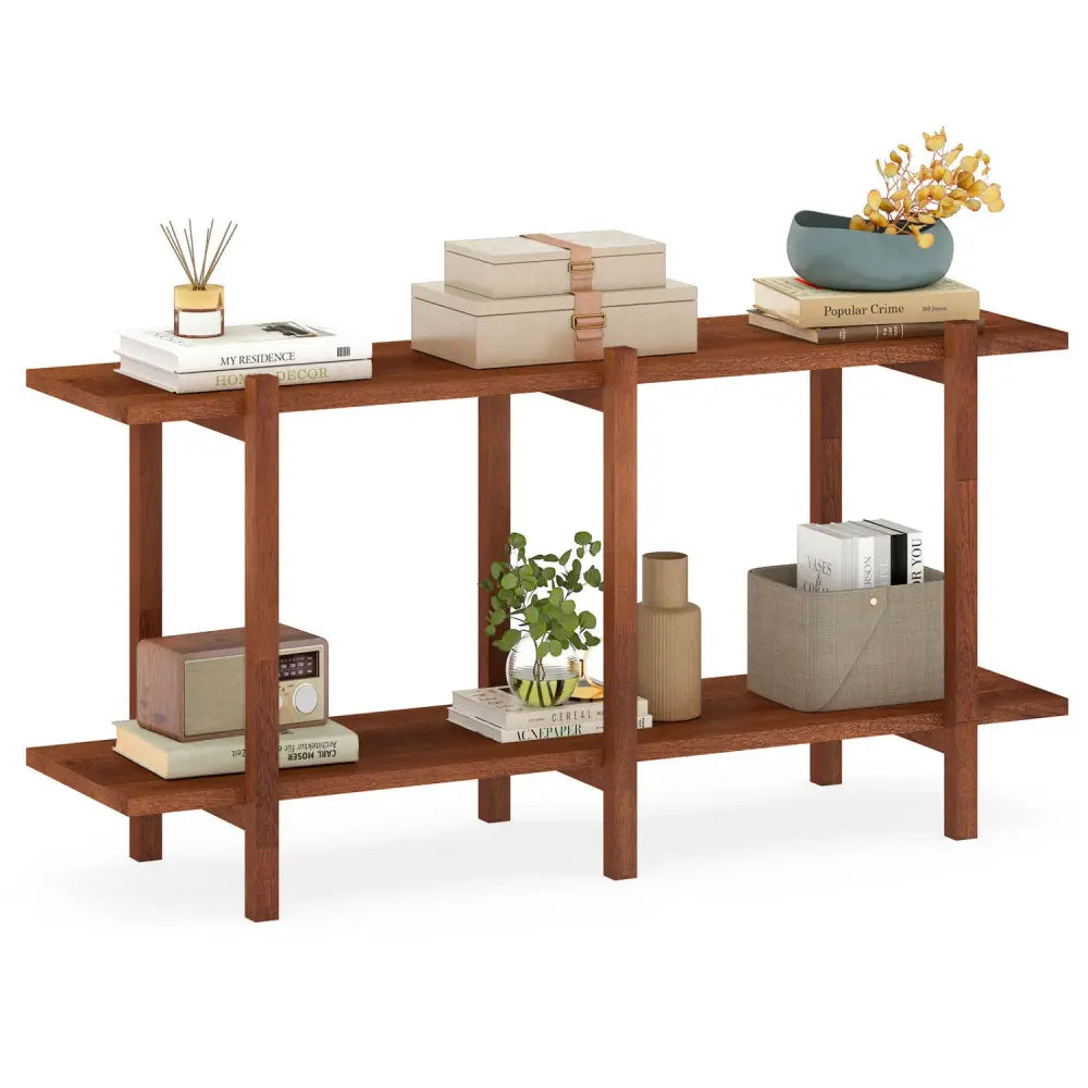 2-Tier Wood Bookshelf Low Horizontal Rubberwood Bookcase for Display-Walnut - Walnut - Bookcases