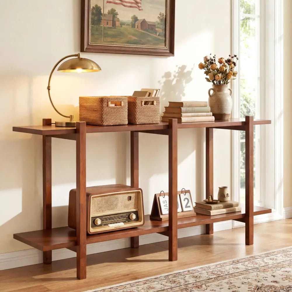 2-Tier Wood Bookshelf Low Horizontal Rubberwood Bookcase for Display-Walnut - Walnut - Bookcases