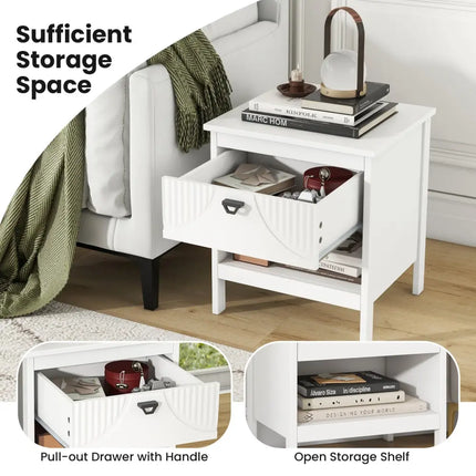 2-tier Wood Nightstand with Drawer and Open Storage Shelf for Bedroom-White Costway