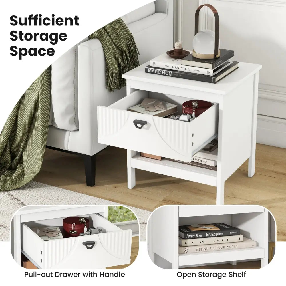 2-tier Wood Nightstand with Drawer and Open Storage Shelf for Bedroom-White Costway