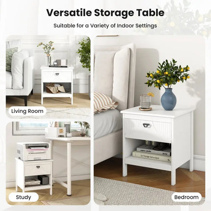 2-tier Wood Nightstand with Drawer and Open Storage Shelf for Bedroom-White Costway