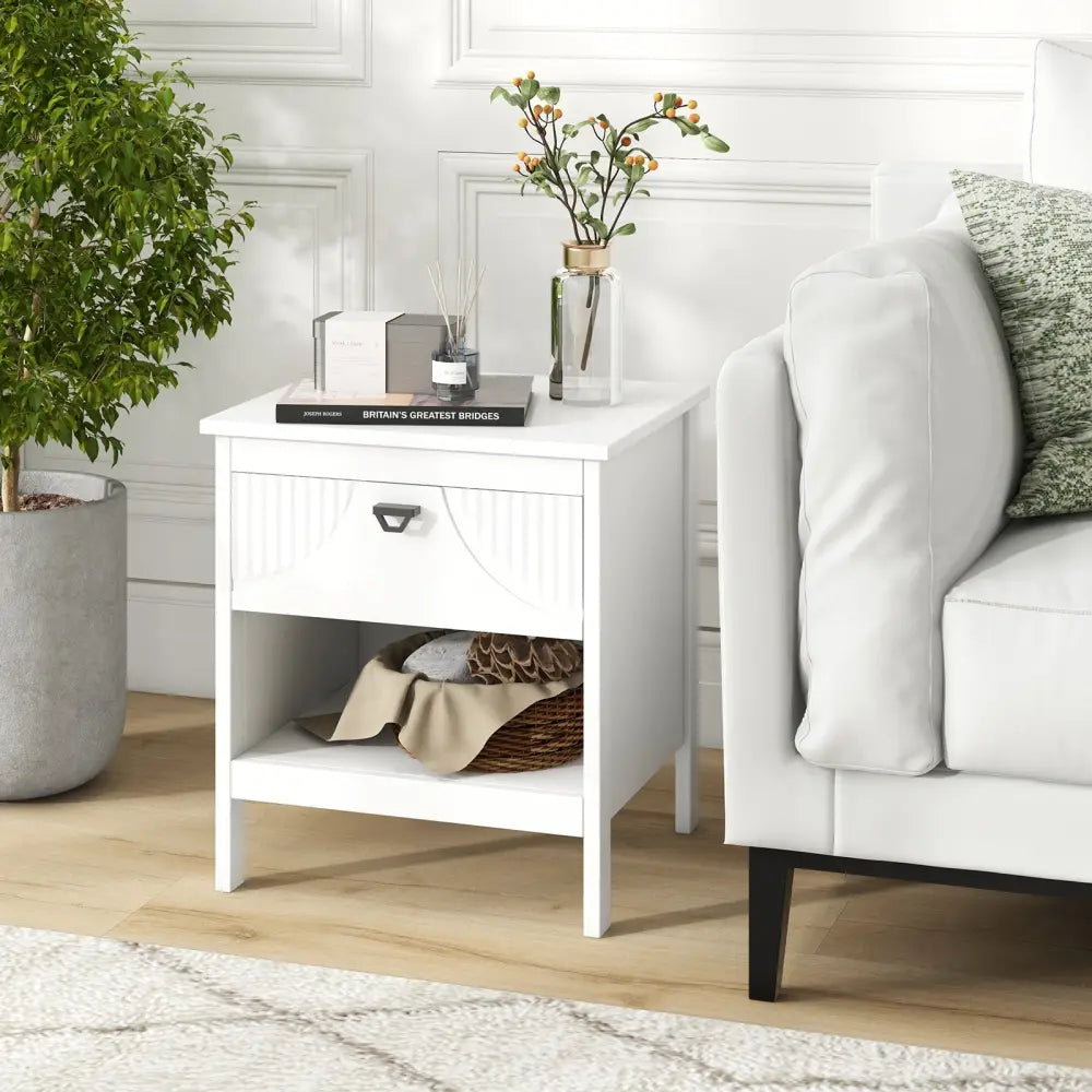 2-tier Wood Nightstand with Drawer and Open Storage Shelf for Bedroom-White Costway