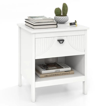 2-tier Wood Nightstand with Drawer and Open Storage Shelf for Bedroom-White Costway