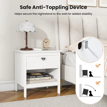 2-tier Wood Nightstand with Drawer and Open Storage Shelf for Bedroom-White Costway