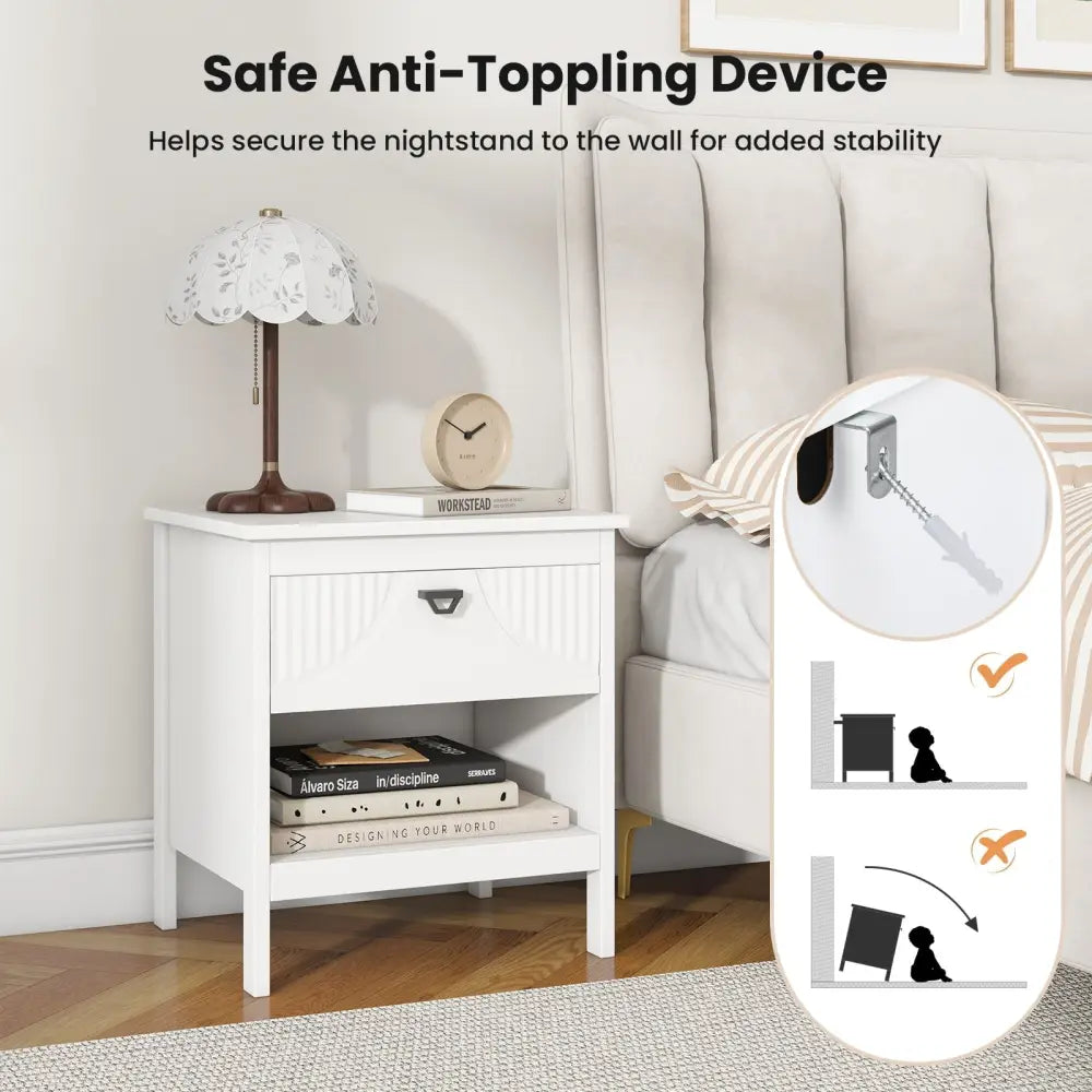 2-tier Wood Nightstand with Drawer and Open Storage Shelf for Bedroom-White Costway