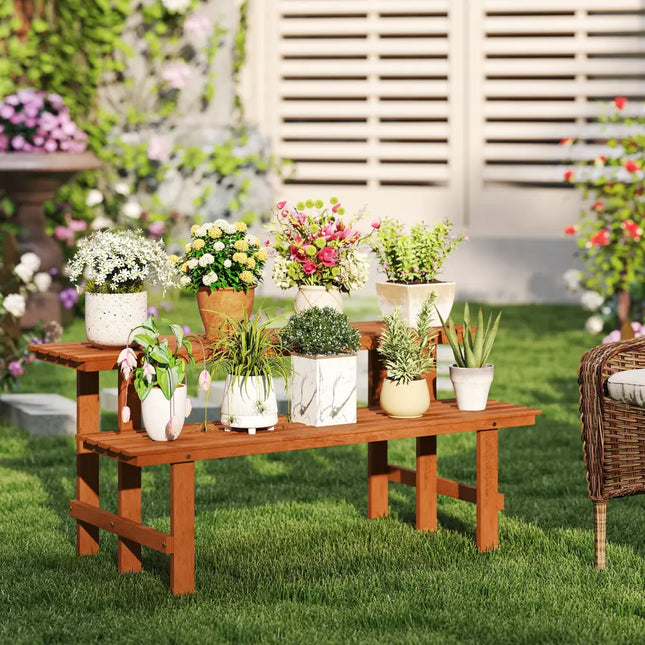 2-Tier Wood Plant Stand Ladder Plant Shelf for Indoor Outdoor - Brown - Plant Stands