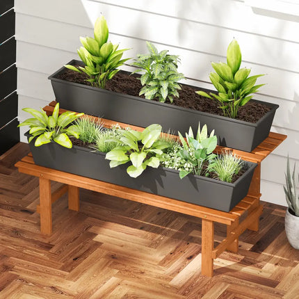 2-Tier Wood Plant Stand Ladder Plant Shelf for Indoor Outdoor - Brown - Plant Stands