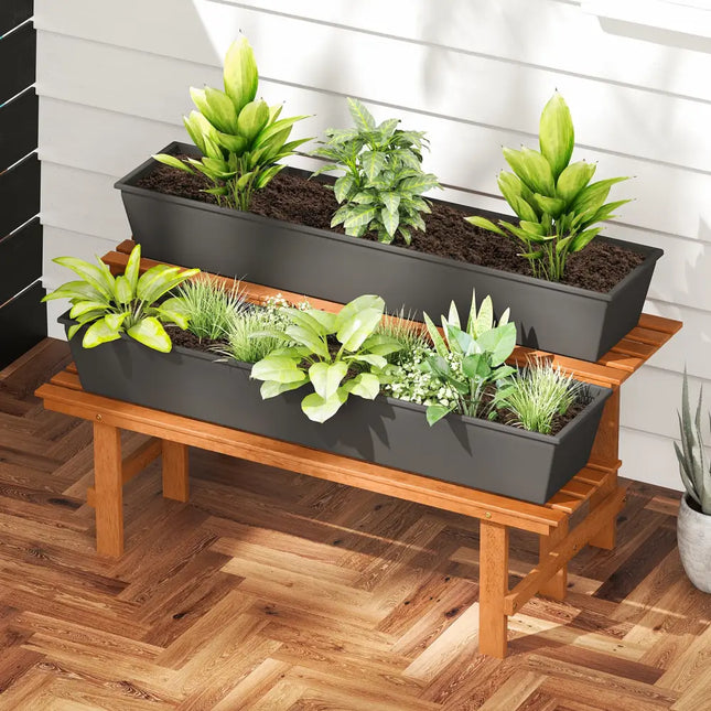 2-Tier Wood Plant Stand Ladder Plant Shelf for Indoor Outdoor - Brown - Plant Stands