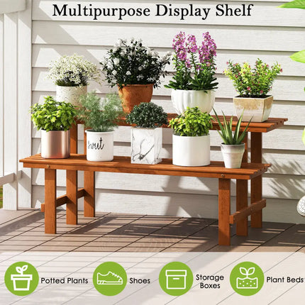 2-Tier Wood Plant Stand Ladder Plant Shelf for Indoor Outdoor - Brown - Plant Stands