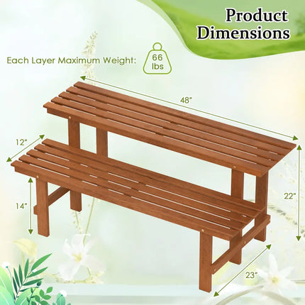 2-Tier Wood Plant Stand Ladder Plant Shelf for Indoor Outdoor - Brown - Plant Stands