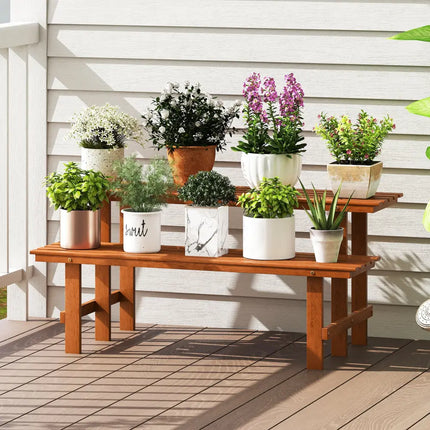 2-Tier Wood Plant Stand Ladder Plant Shelf for Indoor Outdoor - Brown - Plant Stands