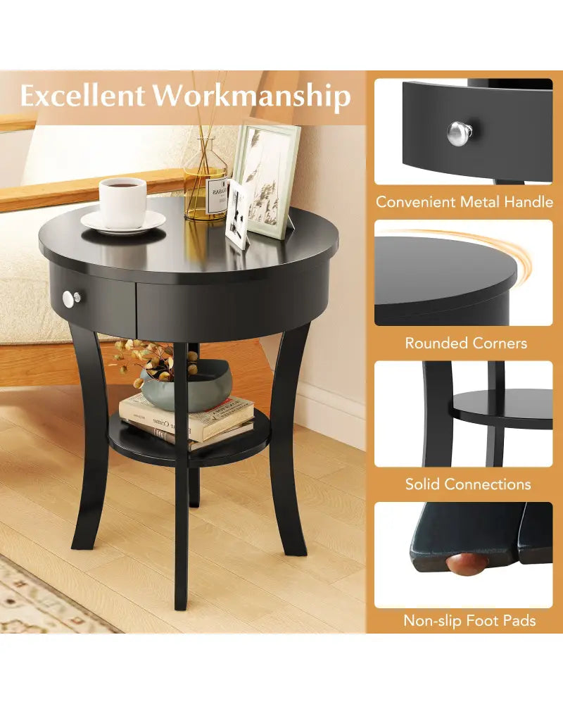 2-Tier Wood Round End Table with Open Drawer-Black - Black - End & Side Tables