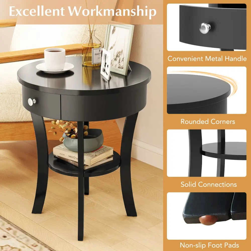 2-Tier Wood Round End Table with Open Drawer-Black - Black - End & Side Tables