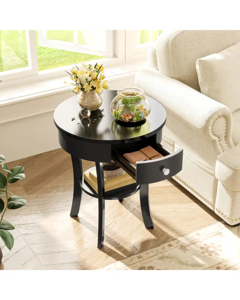 2-Tier Wood Round End Table with Open Drawer-Black - Black - End & Side Tables