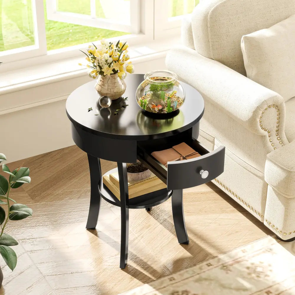 2-Tier Wood Round End Table with Open Drawer-Black - Black - End & Side Tables