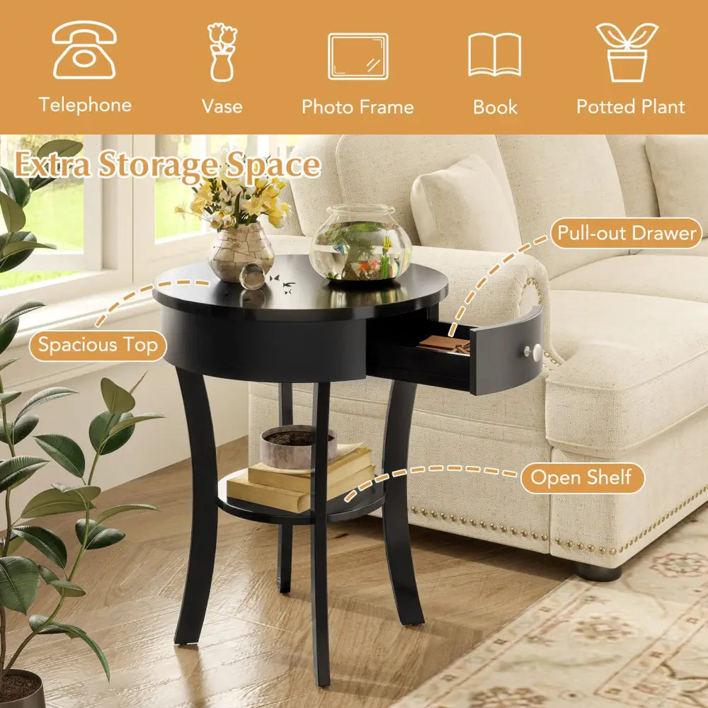 2-Tier Wood Round End Table with Open Drawer-Black - Black - End & Side Tables