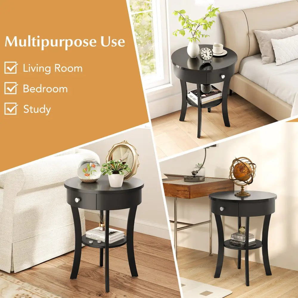 2-Tier Wood Round End Table with Open Drawer-Black - Black - End & Side Tables