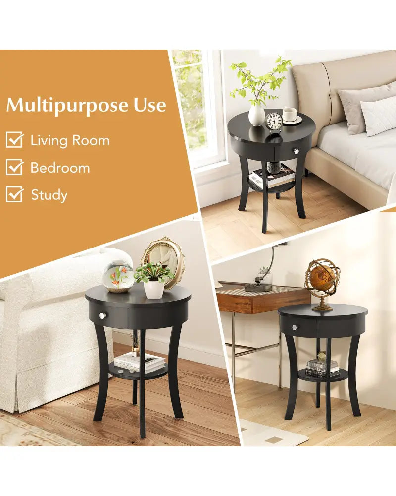 2-Tier Wood Round End Table with Open Drawer-Black - Black - End & Side Tables