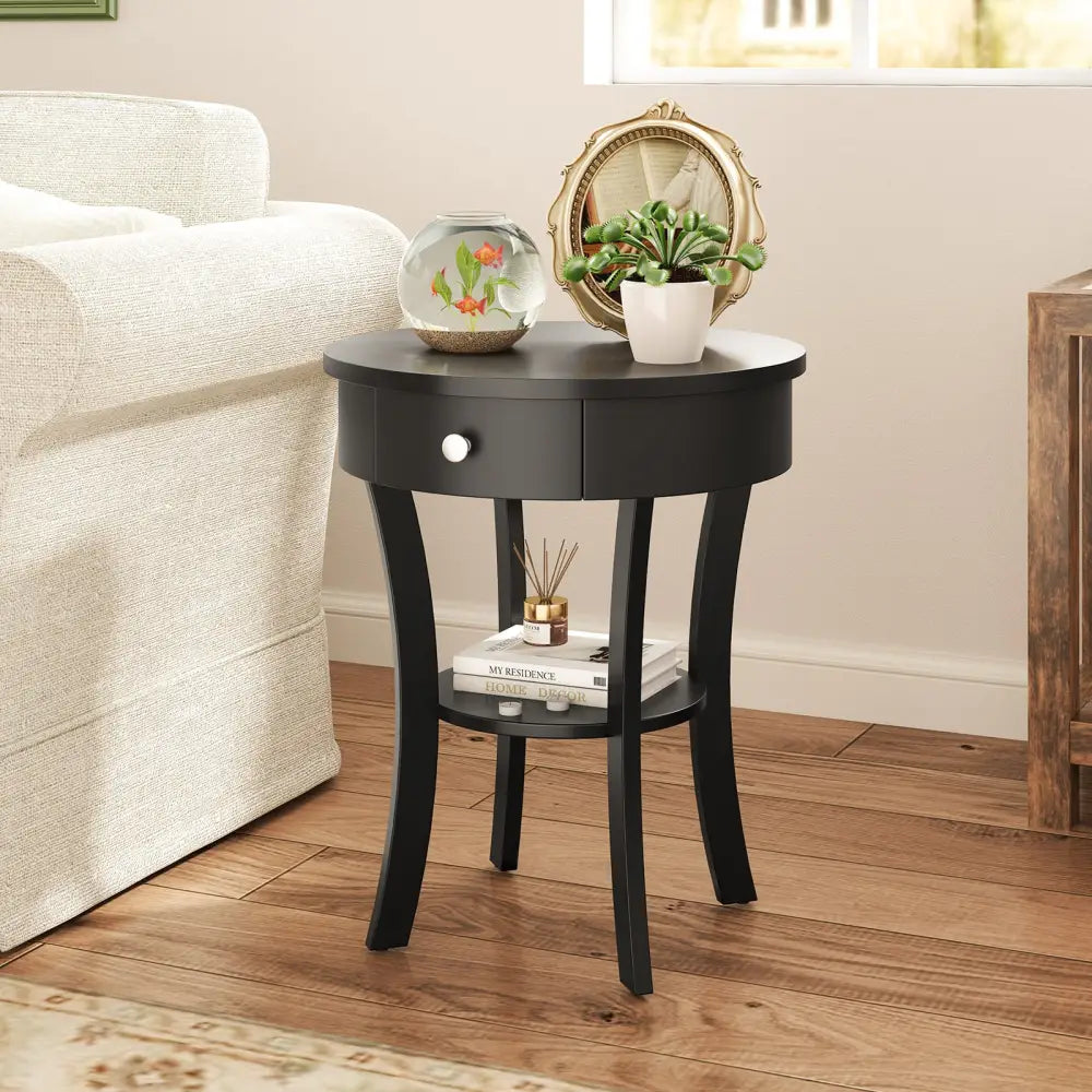 2-Tier Wood Round End Table with Open Drawer-Black - Black - End & Side Tables
