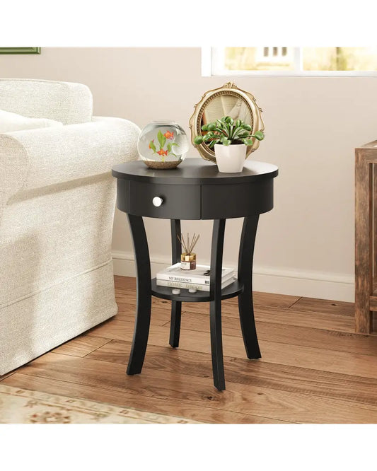 2-Tier Wood Round End Table with Open Drawer-Black - Black - End & Side Tables