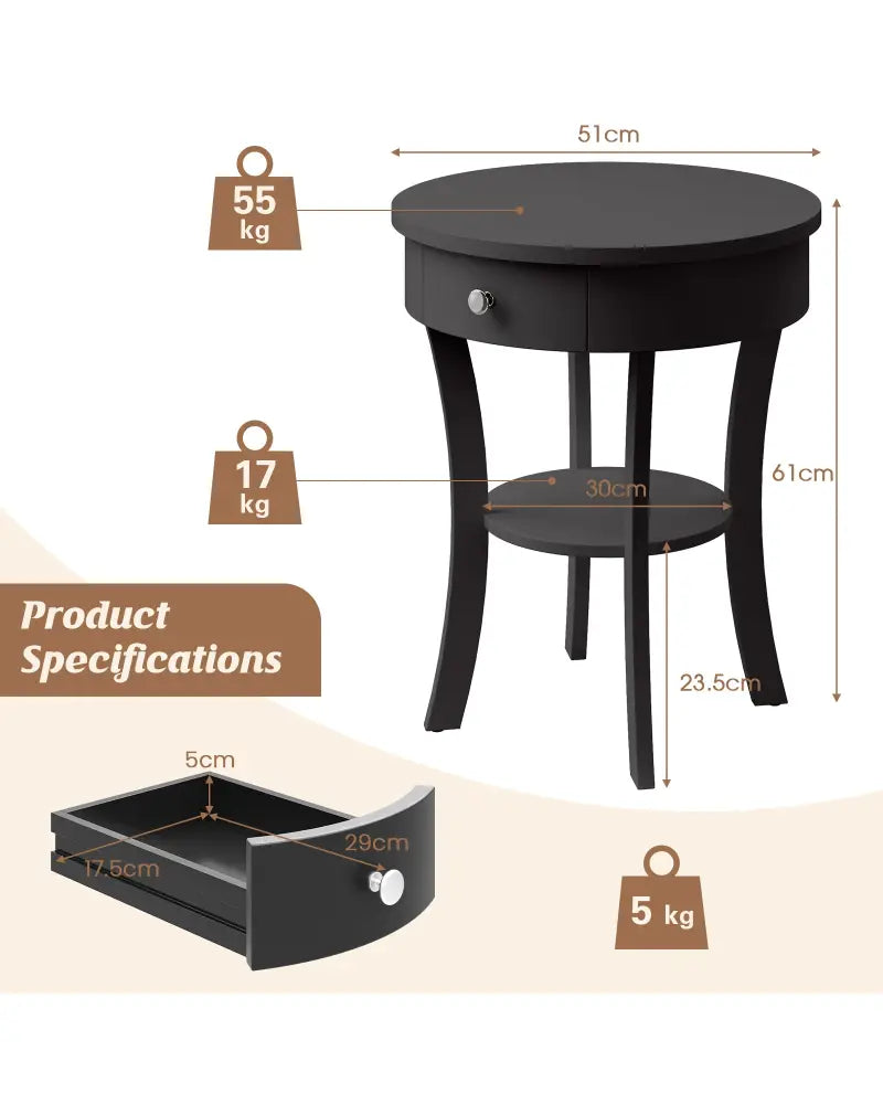2-Tier Wood Round End Table with Open Drawer-Black - Black - End & Side Tables