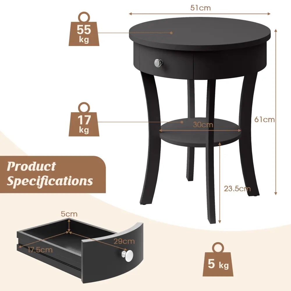 2-Tier Wood Round End Table with Open Drawer-Black - Black - End & Side Tables