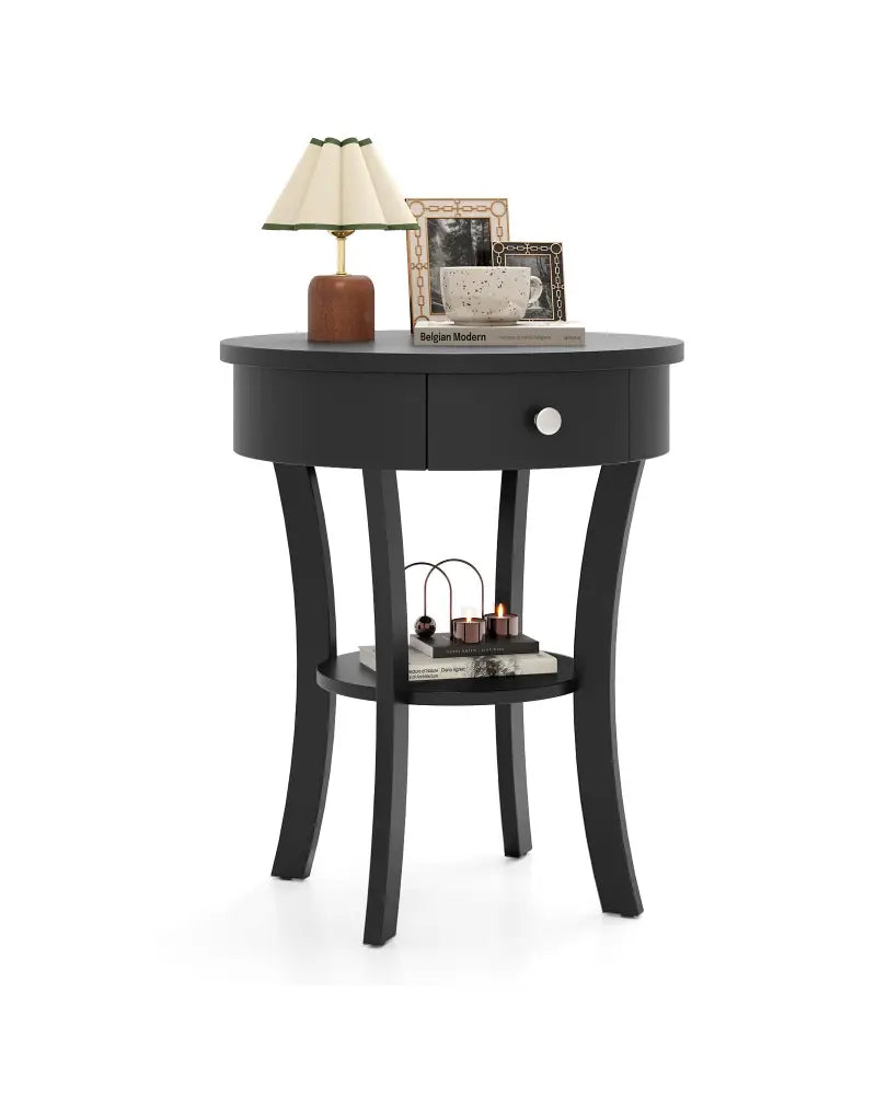 2-Tier Wood Round End Table with Open Drawer-Black - Black - End & Side Tables