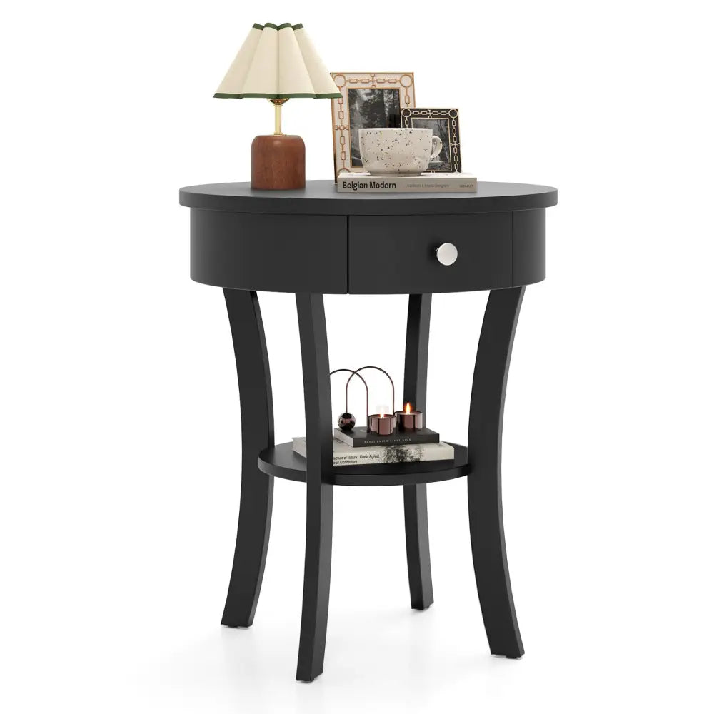 2-Tier Wood Round End Table with Open Drawer-Black - Black - End & Side Tables
