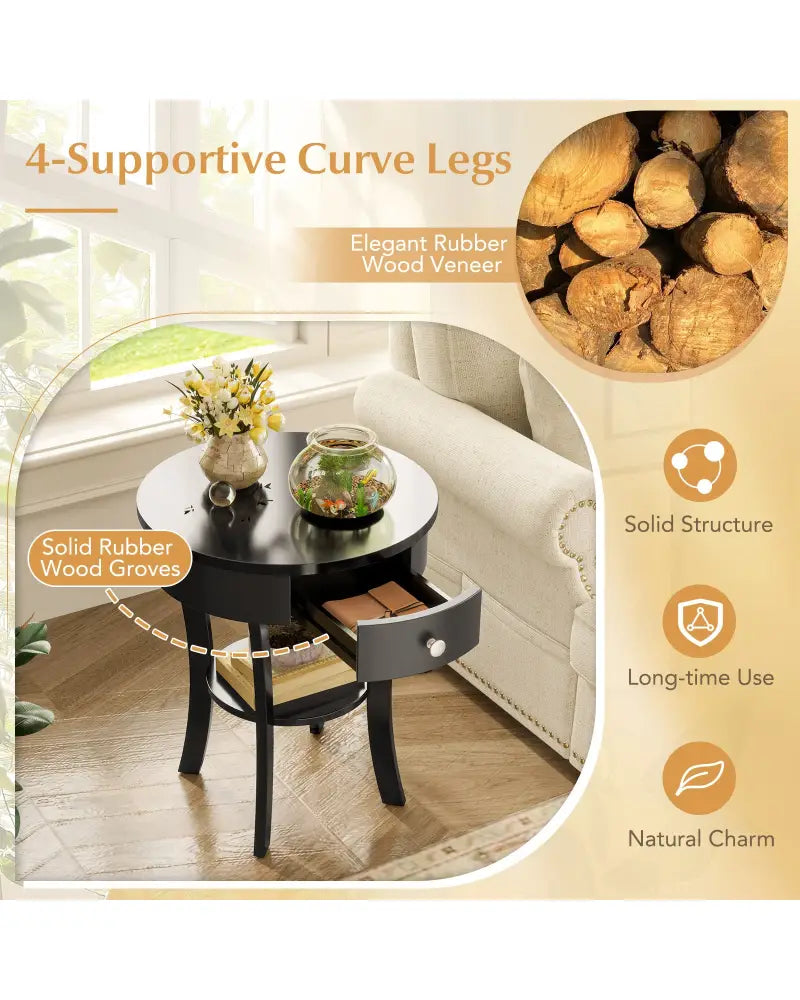 2-Tier Wood Round End Table with Open Drawer-Black - Black - End & Side Tables