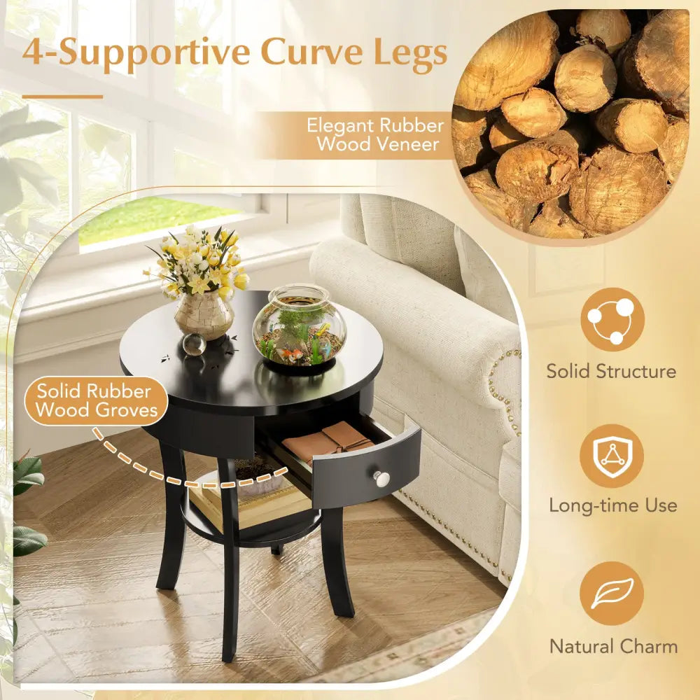 2-Tier Wood Round End Table with Open Drawer-Black - Black - End & Side Tables