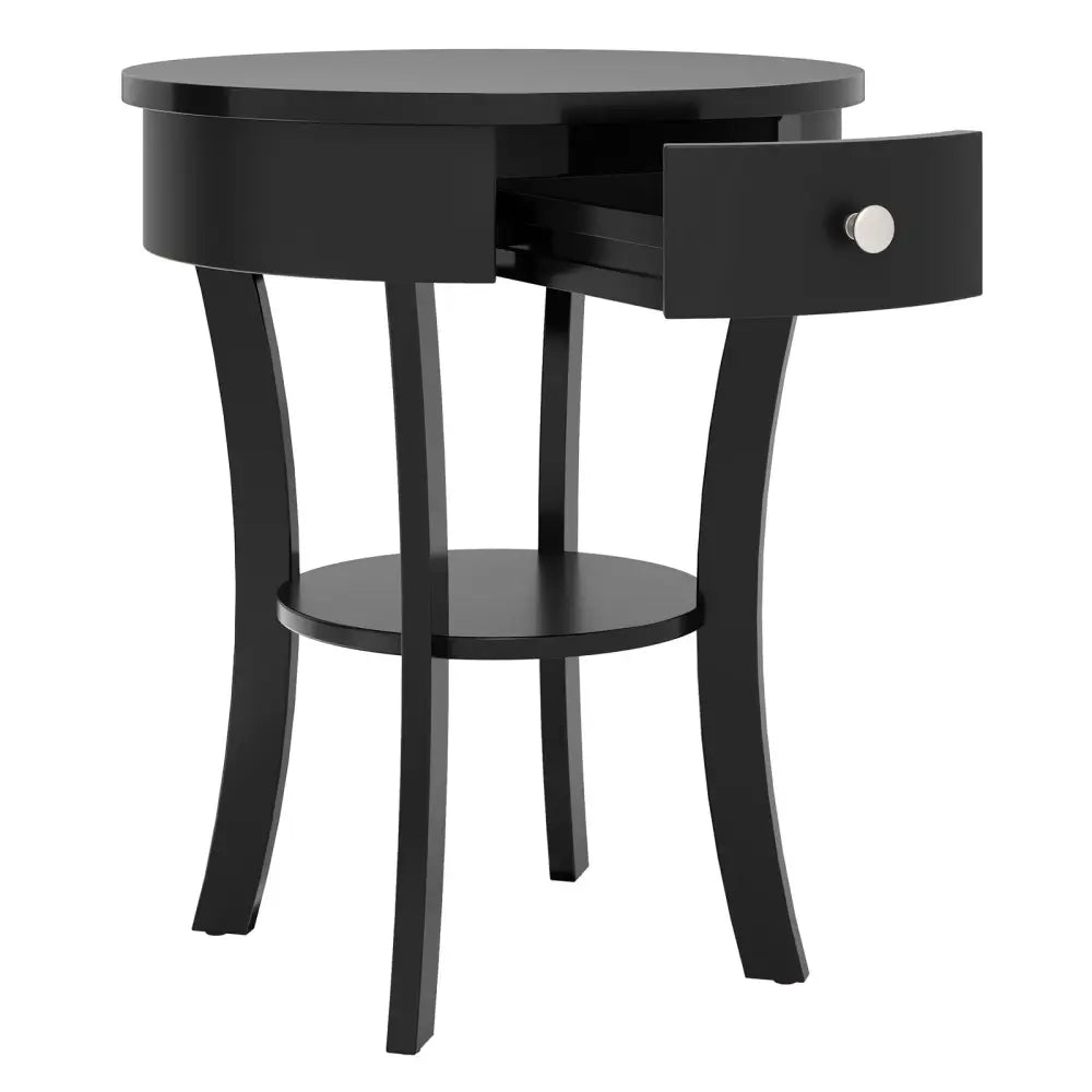 2-Tier Wood Round End Table with Open Drawer-Black - Black - End & Side Tables