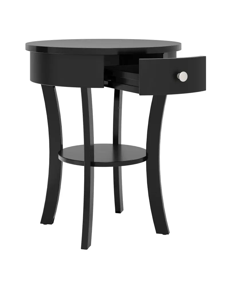 2-Tier Wood Round End Table with Open Drawer-Black - Black - End & Side Tables