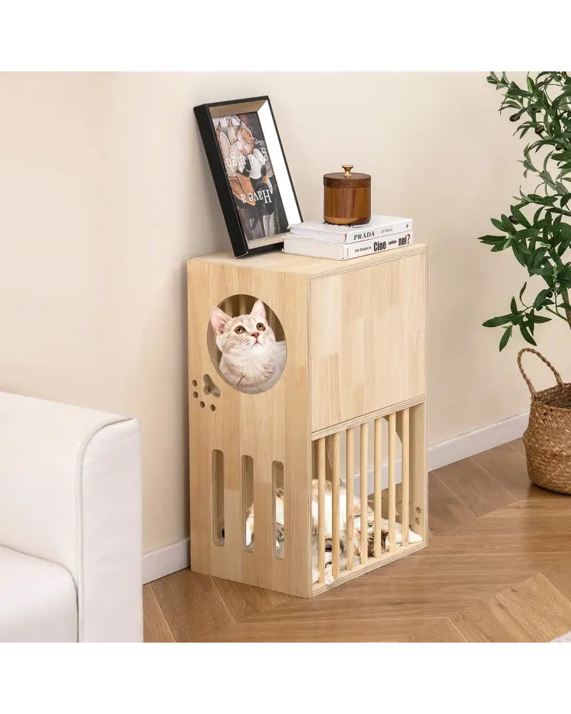 2-tier Wooden Cat Condo Indoor Symmetrical Cat House with Removable Cushions - Natural - Cat Houses