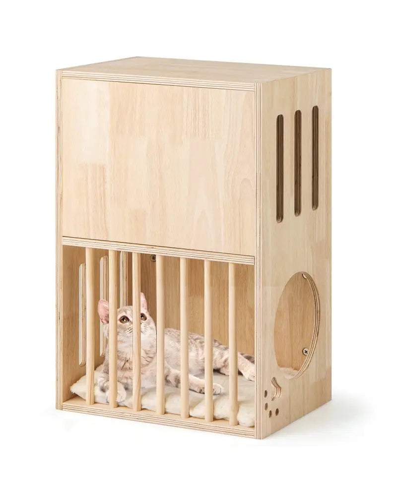 2-tier Wooden Cat Condo Indoor Symmetrical Cat House with Removable Cushions - Natural - Cat Houses