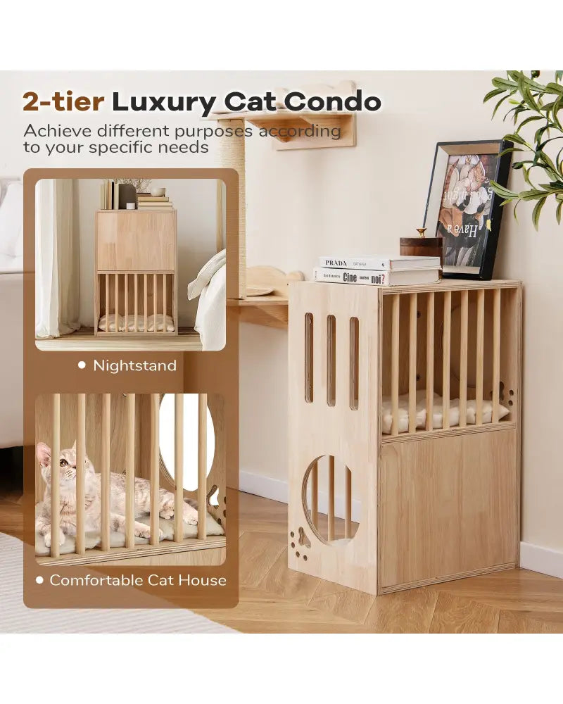2-tier Wooden Cat Condo Indoor Symmetrical Cat House with Removable Cushions - Natural - Cat Houses