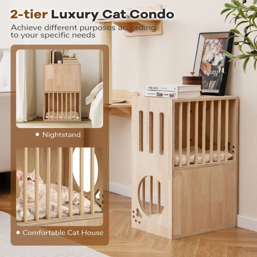 2-tier Wooden Cat Condo Indoor Symmetrical Cat House with Removable Cushions - Natural - Cat Houses