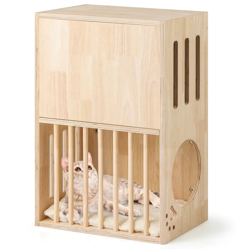 2-tier Wooden Cat Condo Indoor Symmetrical Cat House with Removable Cushions - Natural - Cat Houses