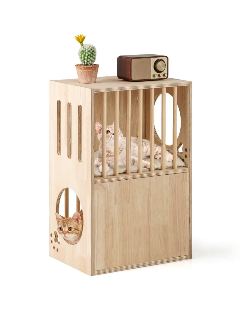 2-tier Wooden Cat Condo Indoor Symmetrical Cat House with Removable Cushions - Natural - Cat Houses