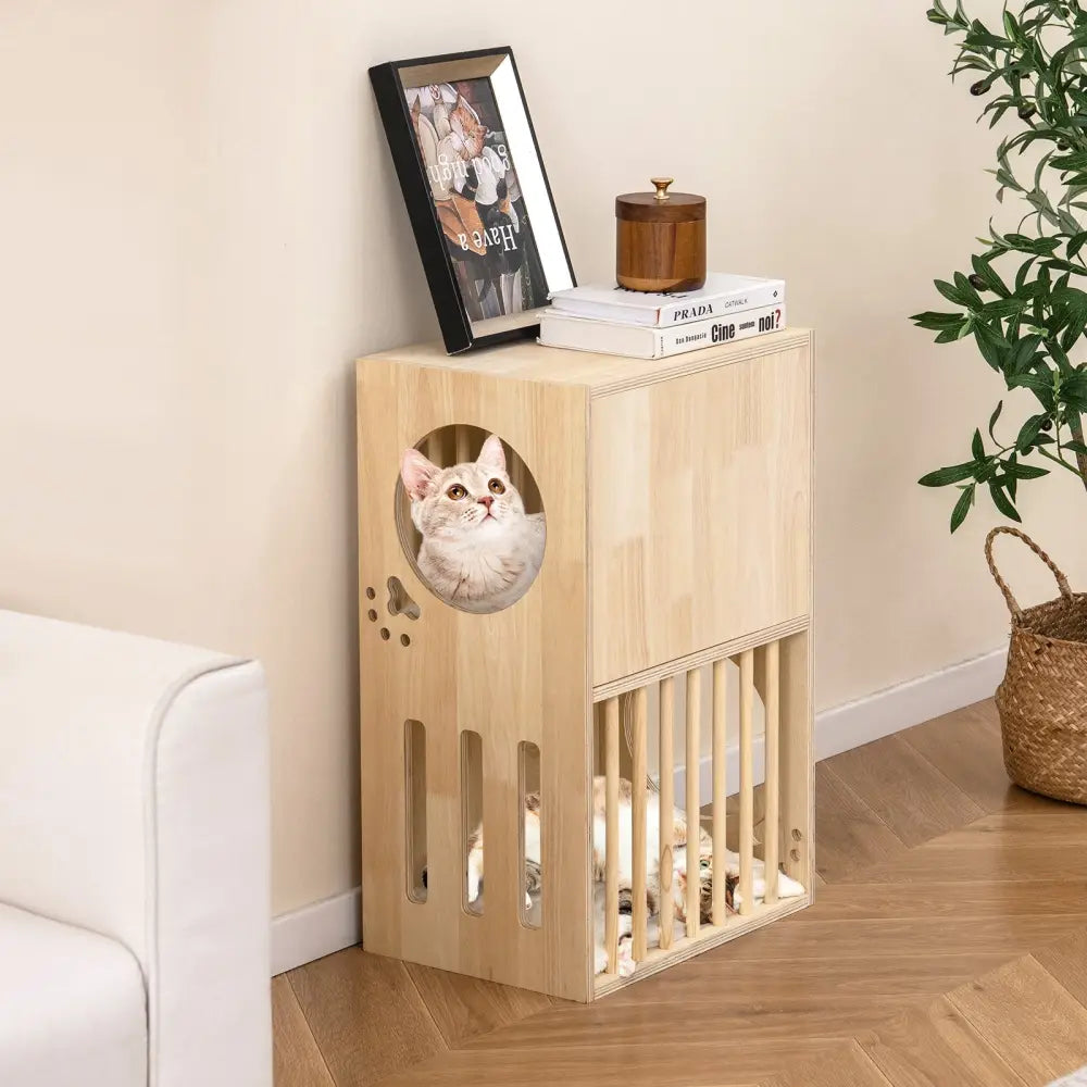 2-tier Wooden Cat Condo Indoor Symmetrical Cat House with Removable Cushions - Natural - Cat Houses