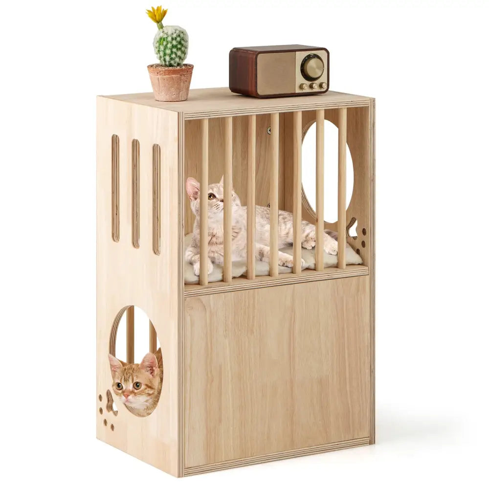 2-tier Wooden Cat Condo Indoor Symmetrical Cat House with Removable Cushions - Natural - Cat Houses