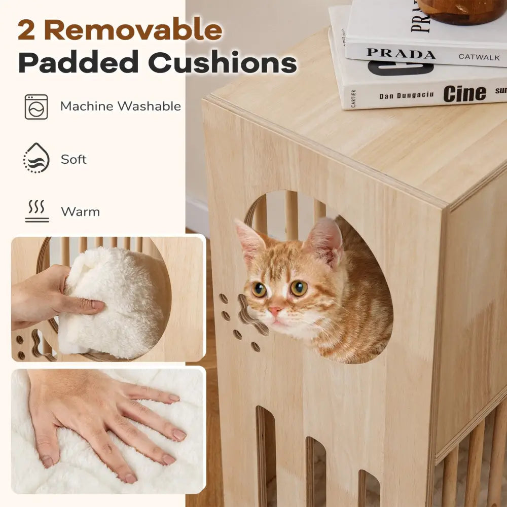 2-tier Wooden Cat Condo Indoor Symmetrical Cat House with Removable Cushions - Natural - Cat Houses