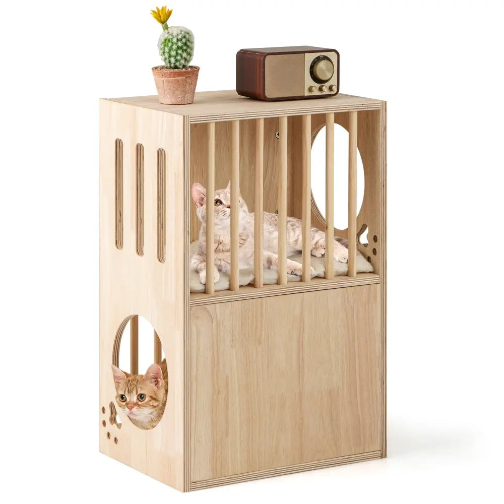 2-tier Wooden Cat Condo Indoor Symmetrical Cat House with Removable Cushions - Natural - Cat Houses